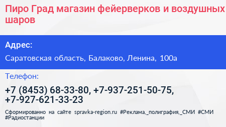 Пиро Град магазин фейерверков и воздушных шаров - визитка