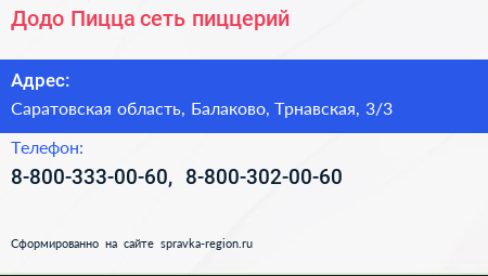 Додо Пицца сеть пиццерий - визитка