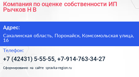 Компания по оценке собственности ИП Рычков Н В  - визитка
