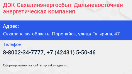 ДЭК Сахалинэнергосбыт Дальневосточная энергетическая компания - визитка