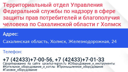 Территориальный отдел Управления Федеральной службы по надзору в сфере защиты прав потребителей и благополучия человека по Сахалинской области г Холмск - визитка