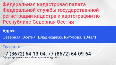 Федеральная кадастровая палата Федеральной службы государственной регистрации кадастра и картографии по Республике Северная Осетия - визитка