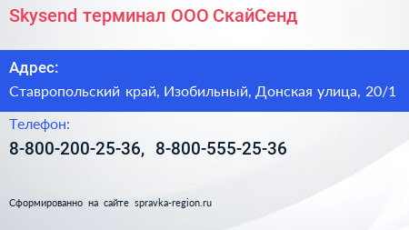 Skysend терминал ООО СкайСенд - визитка