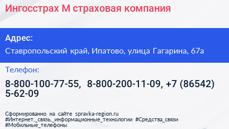 Ингосстрах М страховая компания - визитка