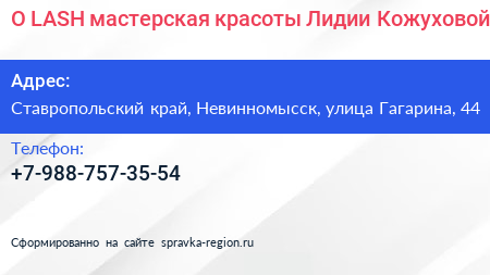 O LASH мастерская красоты Лидии Кожуховой - визитка