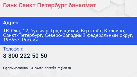 Банк Санкт Петербург банкомат - визитка
