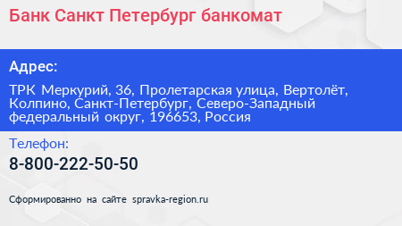 Банк Санкт Петербург банкомат - визитка