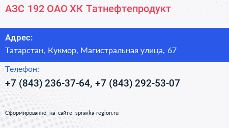 АЗС 192 ОАО ХК Татнефтепродукт - визитка