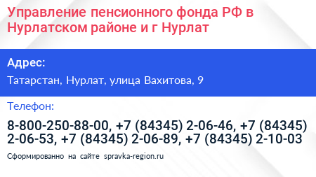 Управление пенсионного фонда РФ в Нурлатском районе и г Нурлат - визитка