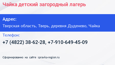 Чайка детский загородный лагерь - визитка