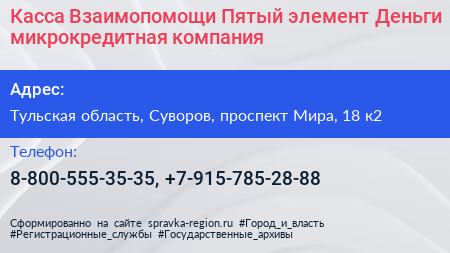 Касса Взаимопомощи Пятый элемент Деньги микрокредитная компания - визитка