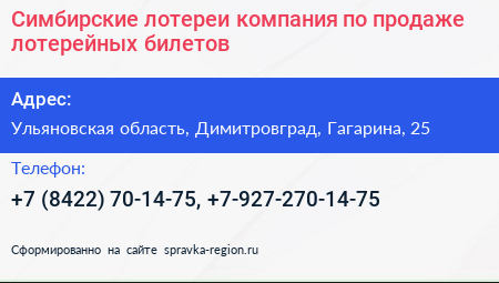 Симбирские лотереи компания по продаже лотерейных билетов - визитка