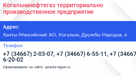Когалымнефтегаз территориально производственное предприятие - визитка