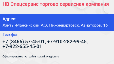 НВ Спецсервис торгово сервисная компания - визитка