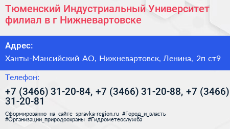 Тюменский Индустриальный Университет филиал в г Нижневартовске - визитка