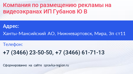 Компания по размещению рекламы на видеоэкранах ИП Губанов Ю В  - визитка