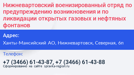 Нижневартовский военизированный отряд по предупреждению возникновения и по ликвидации открытых газовых и нефтяных фонтанов - визитка