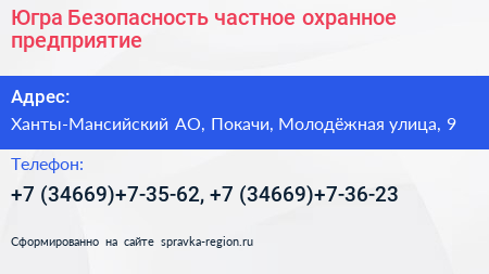 Югра Безопасность частное охранное предприятие - визитка