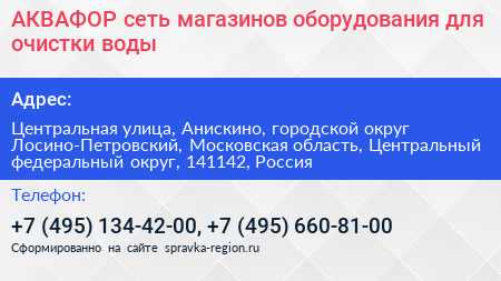 АКВАФОР сеть магазинов оборудования для очистки воды - визитка