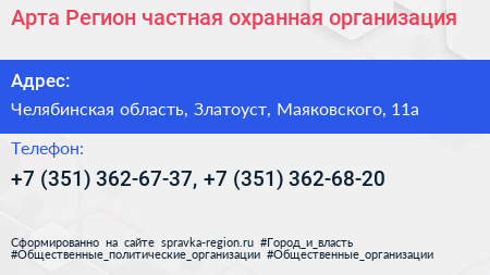 Арта Регион частная охранная организация - визитка