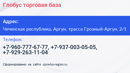 Глобус торговая база - визитка