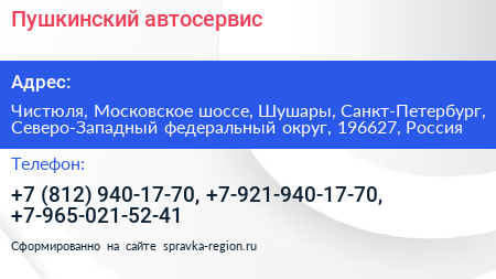 Пушкинский автосервис - визитка