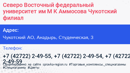 Северо Восточный федеральный университет им М К Аммосова Чукотский филиал - визитка