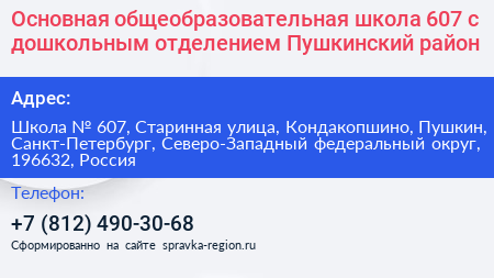 Основная общеобразовательная школа 607 с дошкольным отделением Пушкинский район - визитка