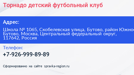 Торнадо детский футбольный клуб - визитка