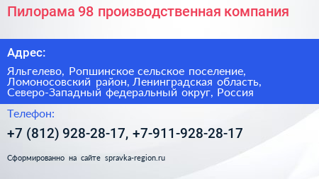Пилорама 98 производственная компания - визитка