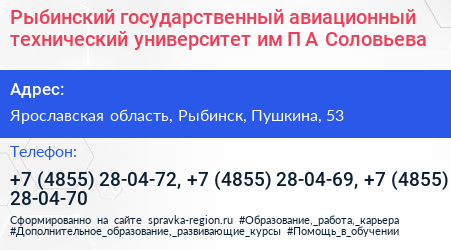 Рыбинский государственный авиационный технический университет им П А Соловьева - визитка