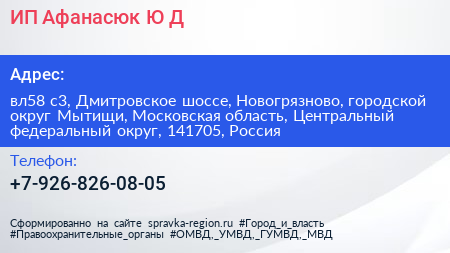 ИП Афанасюк Ю Д  - визитка
