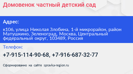 Домовенок частный детский сад - визитка