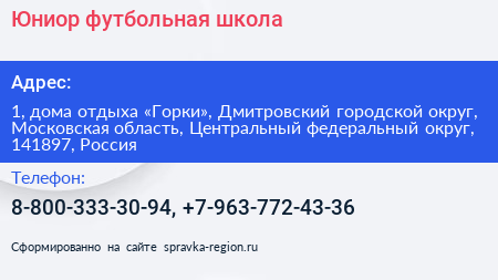 Юниор футбольная школа - визитка