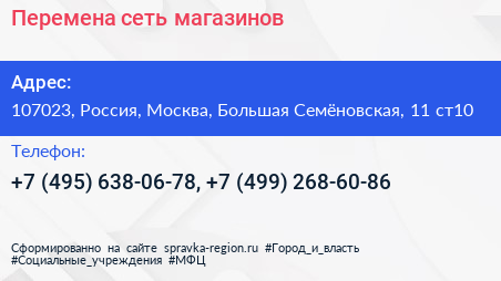 Перемена сеть магазинов - визитка