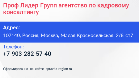 Проф Лидер Групп агентство по кадровому консалтингу - визитка