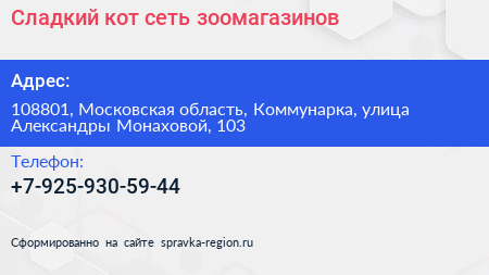 Сладкий кот сеть зоомагазинов - визитка