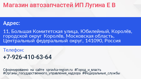 Магазин автозапчастей ИП Лугина Е В  - визитка