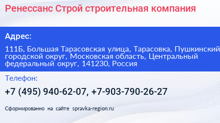 Ренессанс Строй строительная компания - визитка