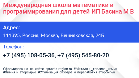 Международная школа математики и программирования для детей ИП Басина М В  - визитка