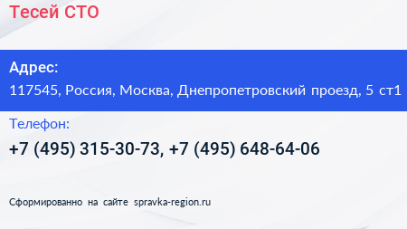 Тесей СТО - визитка