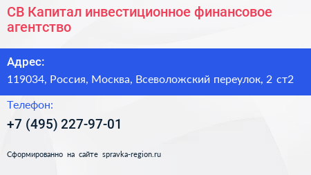 СВ Капитал инвестиционное финансовое агентство - визитка