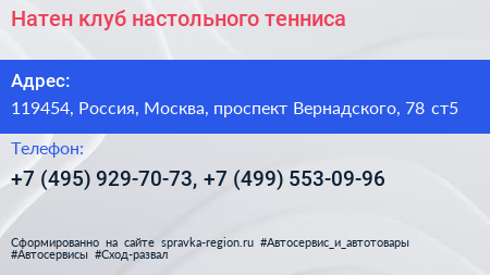 Натен клуб настольного тенниса - визитка