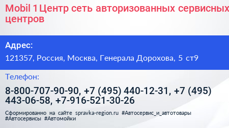 Mobil 1 Центр сеть авторизованных сервисных центров - визитка