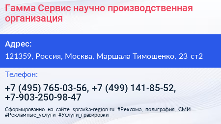Гамма Сервис научно производственная организация - визитка