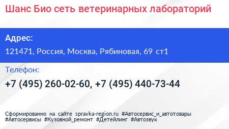 Шанс Био сеть ветеринарных лабораторий - визитка
