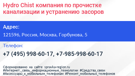 Hydro Chist компания по прочистке канализации и устранению засоров - визитка