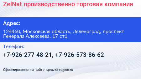ZelNat производственно торговая компания - визитка