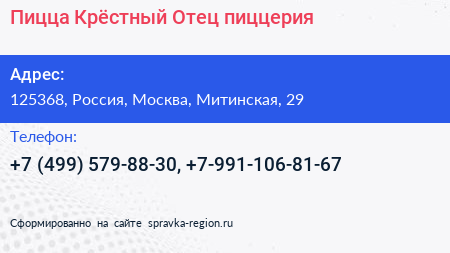 Пицца Крёстный Отец пиццерия - визитка