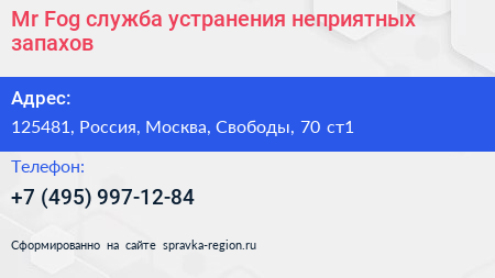 Mr Fog служба устранения неприятных запахов - визитка